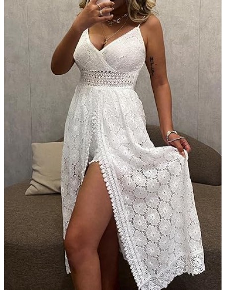 CUPSHE Women's Ruching Smocking Jumpsuit Summer Slip V Neck Backless Maxi High Low