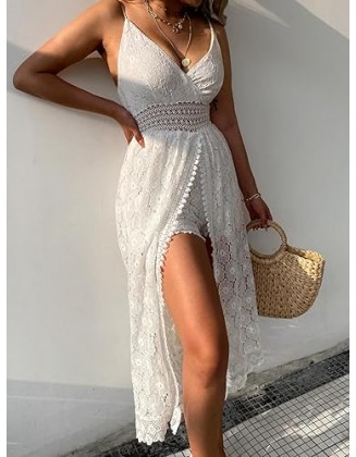 CUPSHE Women's Ruching Smocking Jumpsuit Summer Slip V Neck Backless Maxi High Low