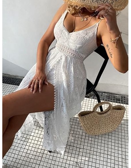 CUPSHE Women's Ruching Smocking Jumpsuit Summer Slip V Neck Backless Maxi High Low