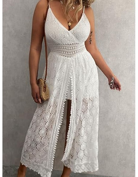 CUPSHE Women's Ruching Smocking Jumpsuit Summer Slip V Neck Backless Maxi High Low