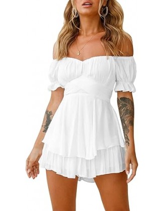 Fixmatti Women Boho Romper Off Shoulder Ruffle Chiffon Shorts Jumpsuit Playsuits