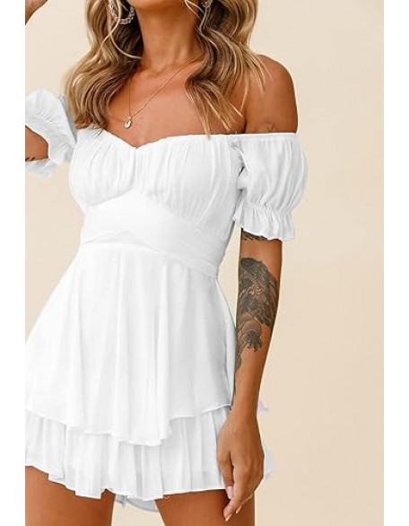 Fixmatti Women Boho Romper Off Shoulder Ruffle Chiffon Shorts Jumpsuit Playsuits Fixmatti Women Boho Romper Off Shoulder Ruffle Chiffon Shorts Jumpsuit Playsuits