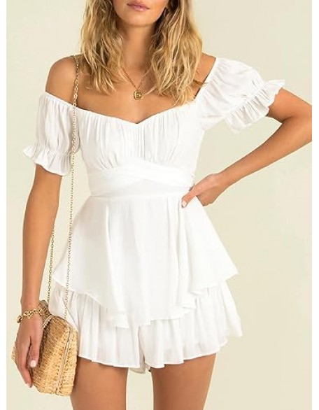 Fixmatti Women Boho Romper Off Shoulder Ruffle Chiffon Shorts Jumpsuit Playsuits Fixmatti Women Boho Romper Off Shoulder Ruffle Chiffon Shorts Jumpsuit Playsuits