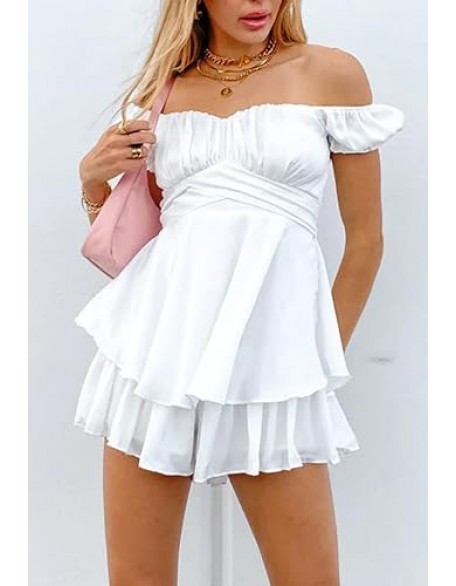 Fixmatti Women Boho Romper Off Shoulder Ruffle Chiffon Shorts Jumpsuit Playsuits Fixmatti Women Boho Romper Off Shoulder Ruffle Chiffon Shorts Jumpsuit Playsuits