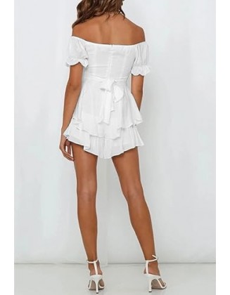 Fixmatti Women Boho Romper Off Shoulder Ruffle Chiffon Shorts Jumpsuit Playsuits