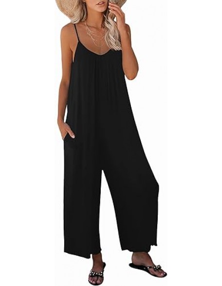snugwind Womens Casual Sleeveless Strap Loose Adjustable Jumpsuits Stretchy Long Pants Romper with Pockets