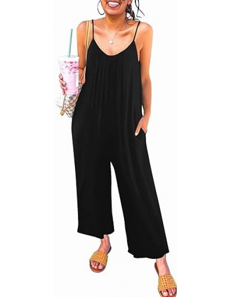snugwind Womens Casual Sleeveless Strap Loose Adjustable Jumpsuits Stretchy Long Pants Romper with Pockets