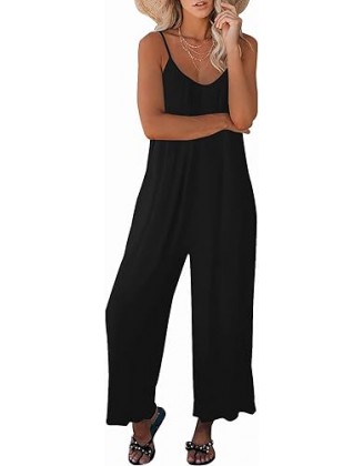 snugwind Womens Casual Sleeveless Strap Loose Adjustable Jumpsuits Stretchy Long Pants Romper with Pockets