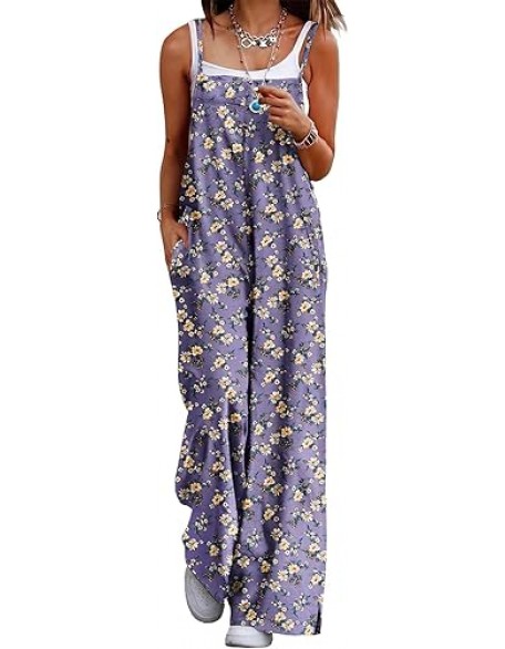YESNO Women's Summer Boho Casual Jumpsuits Wide Leg Overalls Floral Print Baggy Rompers with Pocket PZZCR
