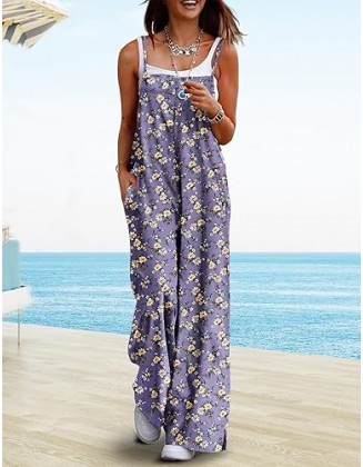 YESNO Women's Summer Boho Casual Jumpsuits Wide Leg Overalls Floral Print Baggy Rompers with Pocket PZZCR