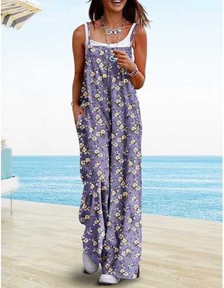 YESNO Women's Summer Boho Casual Jumpsuits Wide Leg Overalls Floral Print Baggy Rompers with Pocket PZZCR