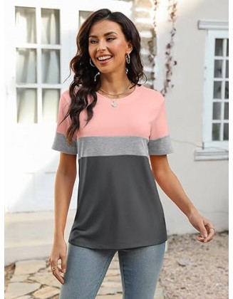 Minetom Women’s T Shirts Color Block Short Sleeve Tops Casual Summer Tees