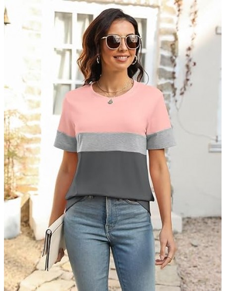 Minetom Women’s T Shirts Color Block Short Sleeve Tops Casual Summer Tees Minetom Women’s T Shirts Color Block Short Sleeve Tops Casual Summer Tees