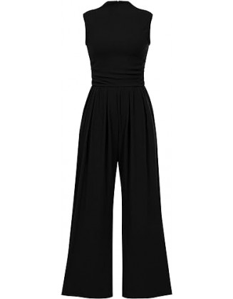 PRETTYGARDEN Womens Summer Jumpsuits Dressy Casual One Piece Outfits Sleeveless Mock Neck Wide Leg Pants Rompers with Pockets