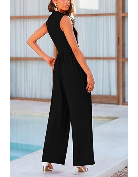 PRETTYGARDEN Womens Summer Jumpsuits Dressy Casual One Piece Outfits Sleeveless Mock Neck Wide Leg Pants Rompers with Pockets