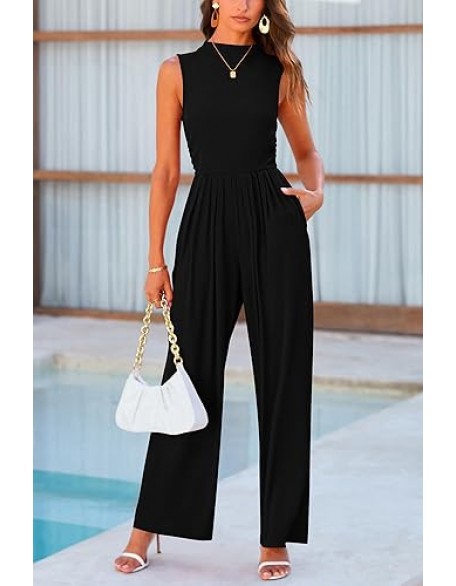 PRETTYGARDEN Womens Summer Jumpsuits Dressy Casual One Piece Outfits Sleeveless Mock Neck Wide Leg Pants Rompers with Pockets