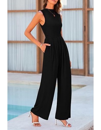 PRETTYGARDEN Womens Summer Jumpsuits Dressy Casual One Piece Outfits Sleeveless Mock Neck Wide Leg Pants Rompers with Pockets