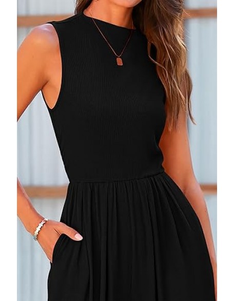 PRETTYGARDEN Womens Summer Jumpsuits Dressy Casual One Piece Outfits Sleeveless Mock Neck Wide Leg Pants Rompers with Pockets