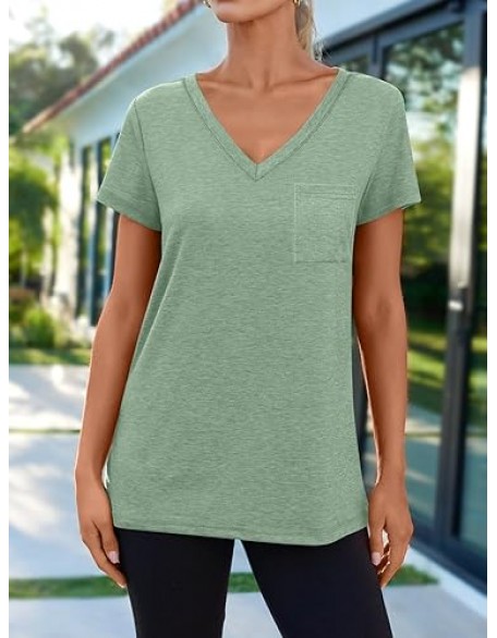 AUTOMET Womens T Shirts Short Sleeve V Neck Tops with Pockets Summer Fashion Trendy Soft Casual Comfy Outfits Clothes 2024