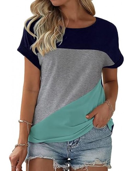 Womens Color Block Short Sleeve Tops Casual Summer T-Shirt