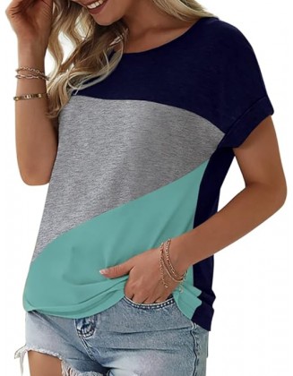 Womens Color Block Short Sleeve Tops Casual Summer T-Shirt