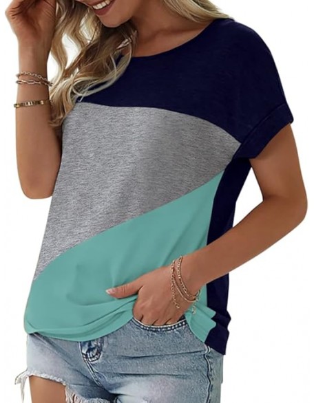 Womens Color Block Short Sleeve Tops Casual Summer T-Shirt