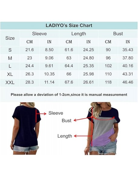 Womens Color Block Short Sleeve Tops Casual Summer T-Shirt