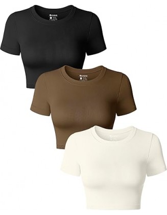 Women's 3 Piece Crop Tops Crew Neck Shorts Sleeve Stretch Fitted Shirts Crop Tops ﻿