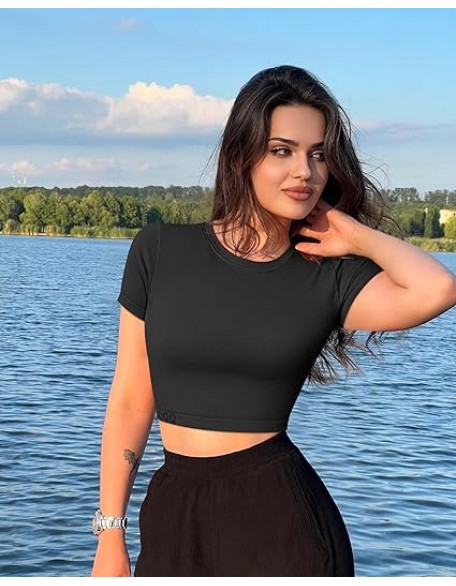 Women's 3 Piece Crop Tops Crew Neck Shorts Sleeve Stretch Fitted Shirts Crop Tops ﻿