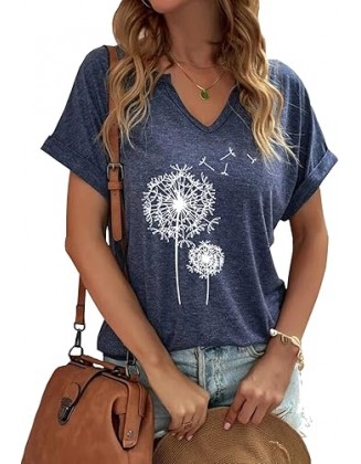 Women's T-Shirts V-Neck Dandelion Print Short Sleeve Casual Tee Tops Cute Graphic Shirts Solid Color Blouse