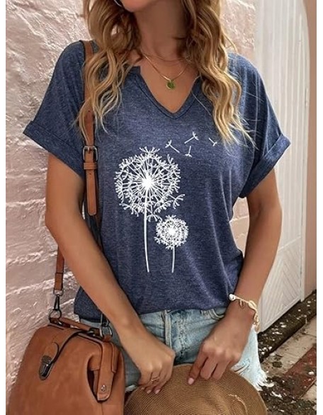 Women's T-Shirts V-Neck Dandelion Print Short Sleeve Casual Tee Tops Cute Graphic Shirts Solid Color Blouse Women's T-Shirts V-Neck Dandelion Print Short Sleeve Casual Tee Tops Cute Graphic Shirts Solid Color Blouse