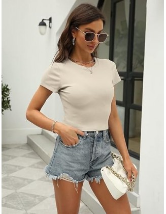 Women Crewneck Ribbed Short Sleeve Crop Tops Summer  Slim Fit T-Shirts