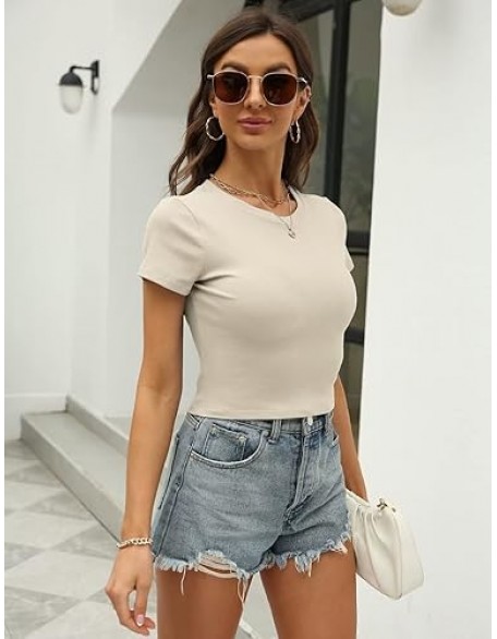 Women Crewneck Ribbed Short Sleeve Crop Tops Summer Slim Fit T-Shirts Women Crewneck Ribbed Short Sleeve Crop Tops Summer Slim Fit T-Shirts