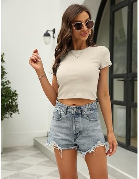 Women Crewneck Ribbed Short Sleeve Crop Tops Summer Slim Fit T-Shirts Women Crewneck Ribbed Short Sleeve Crop Tops Summer Slim Fit T-Shirts