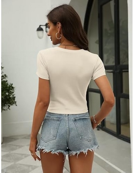 Women Crewneck Ribbed Short Sleeve Crop Tops Summer Slim Fit T-Shirts Women Crewneck Ribbed Short Sleeve Crop Tops Summer Slim Fit T-Shirts