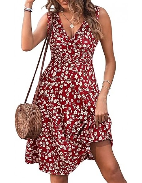 GUBERRY Womens Wrap V Neck Sleeveless Sundress Summer Flare Tank Dress with Pockets