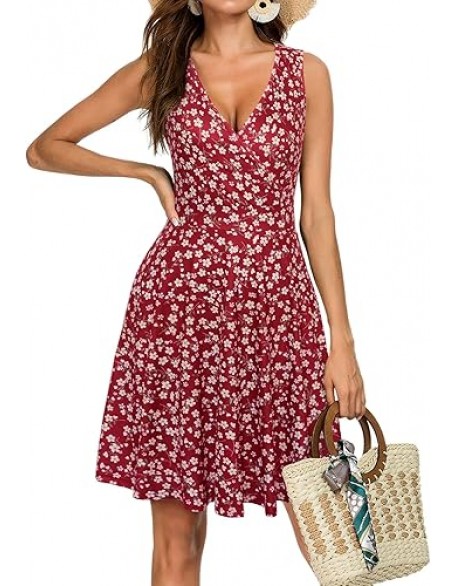 GUBERRY Womens Wrap V Neck Sleeveless Sundress Summer Flare Tank Dress with Pockets