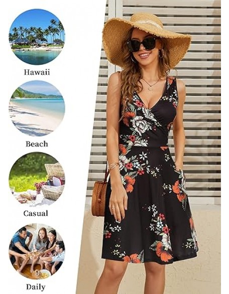 GUBERRY Womens Wrap V Neck Sleeveless Sundress Summer Flare Tank Dress with Pockets