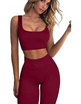 QINSEN Ribbed Workout Outfits for Women 2 Piece Seamless Sport Bra High Waist Yoga Leggings Sets