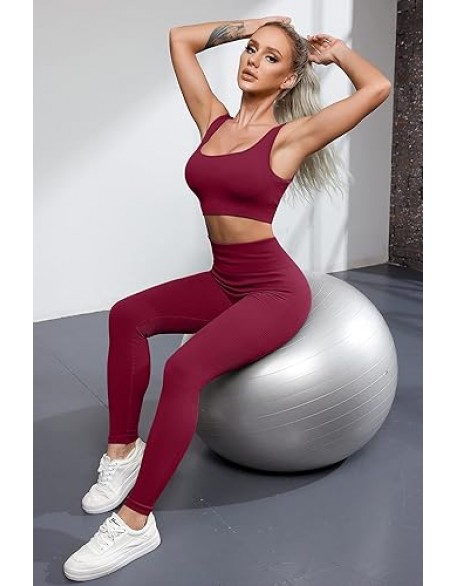 QINSEN Ribbed Workout Outfits for Women 2 Piece Seamless Sport Bra High Waist Yoga Leggings Sets QINSEN Ribbed Workout Outfits for Women 2 Piece Seamless Sport Bra High Waist Yoga Leggings Sets