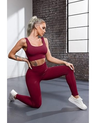 QINSEN Ribbed Workout Outfits for Women 2 Piece Seamless Sport Bra High Waist Yoga Leggings Sets