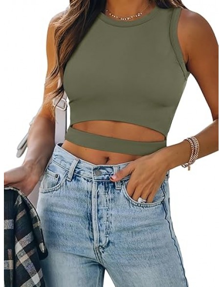 ANRABESS Women Tank Tops High Neck Sleeveless Sexy Cutout Racer Back Going Out Crop Tops Shirts Summer Y2K Outfits