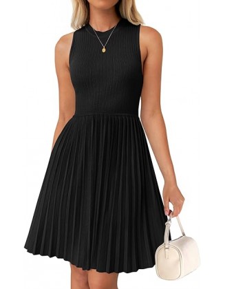 ZESICA Women's Summer Sleeveless Mini Dress 2024 Crewneck Knit A Line Pleated Swing Casual Basic Short Dress