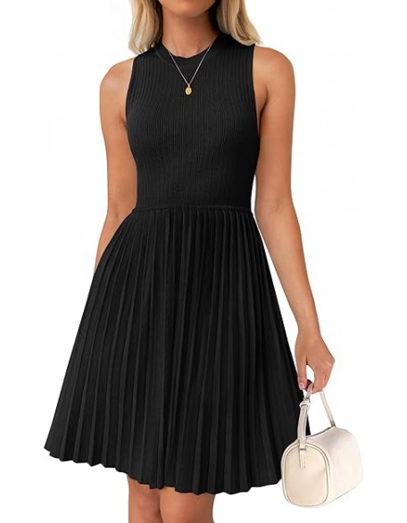 ZESICA Women's Summer Sleeveless Mini Dress 2024 Crewneck Knit A Line Pleated Swing Casual Basic Short Dress