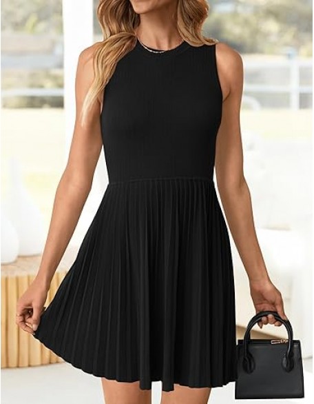 ZESICA Women's Summer Sleeveless Mini Dress 2024 Crewneck Knit A Line Pleated Swing Casual Basic Short Dress ZESICA Women's Summer Sleeveless Mini Dress 2024 Crewneck Knit A Line Pleated Swing Casual Basic Short Dress