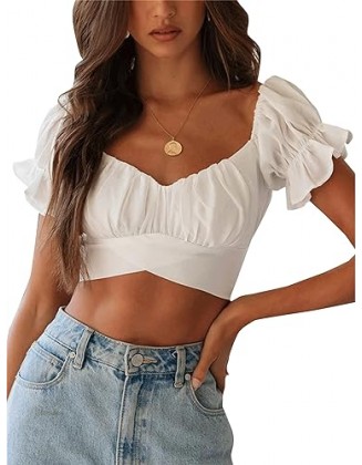 LYANER Women's Ruffle Short Sleeve Tie Up Back Crop Top Off Shoulder Bardot Blouse