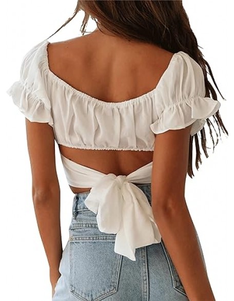 LYANER Women's Ruffle Short Sleeve Tie Up Back Crop Top Off Shoulder Bardot Blouse LYANER Women's Ruffle Short Sleeve Tie Up Back Crop Top Off Shoulder Bardot Blouse