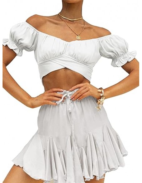 LYANER Women's Ruffle Short Sleeve Tie Up Back Crop Top Off Shoulder Bardot Blouse LYANER Women's Ruffle Short Sleeve Tie Up Back Crop Top Off Shoulder Bardot Blouse