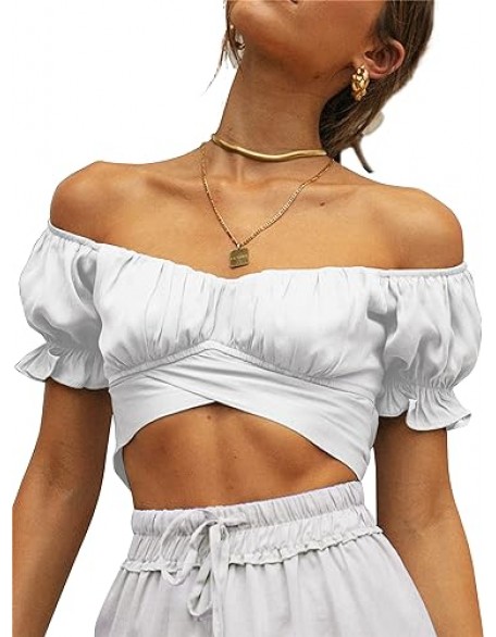 LYANER Women's Ruffle Short Sleeve Tie Up Back Crop Top Off Shoulder Bardot Blouse LYANER Women's Ruffle Short Sleeve Tie Up Back Crop Top Off Shoulder Bardot Blouse