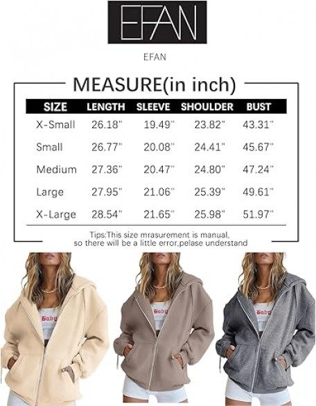 EFAN Women's Drawstring Zip Up Cute Hoodies Fall Jacket Oversized Casual Sweatshirts with Pocket